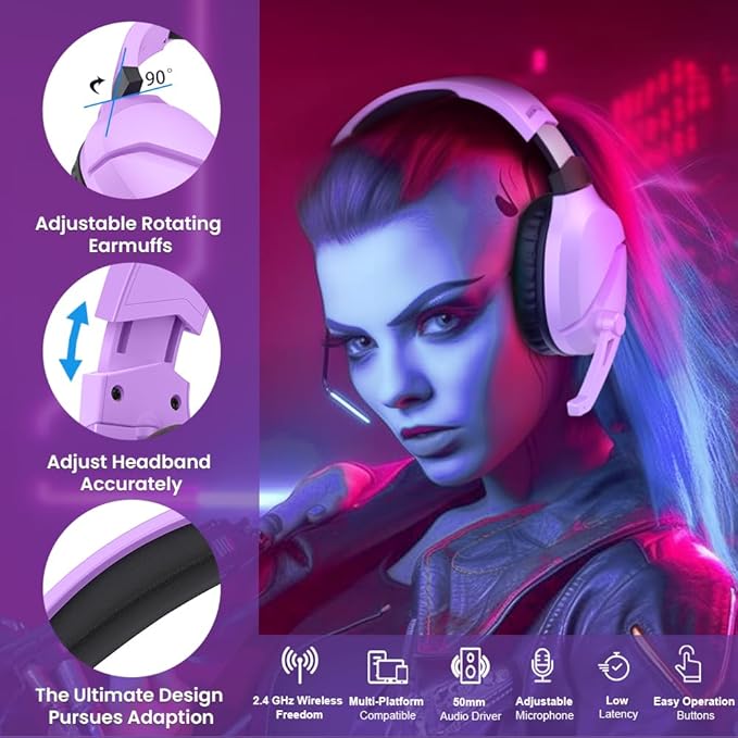 WolfLawS Wireless Gaming Headset with Noise Canceling Microphone for PS5, PC, PS4, 2.4G/Bluetooth Gaming Headphones with USB and Type-c Connector, Wired Mode for Controller (Purple)