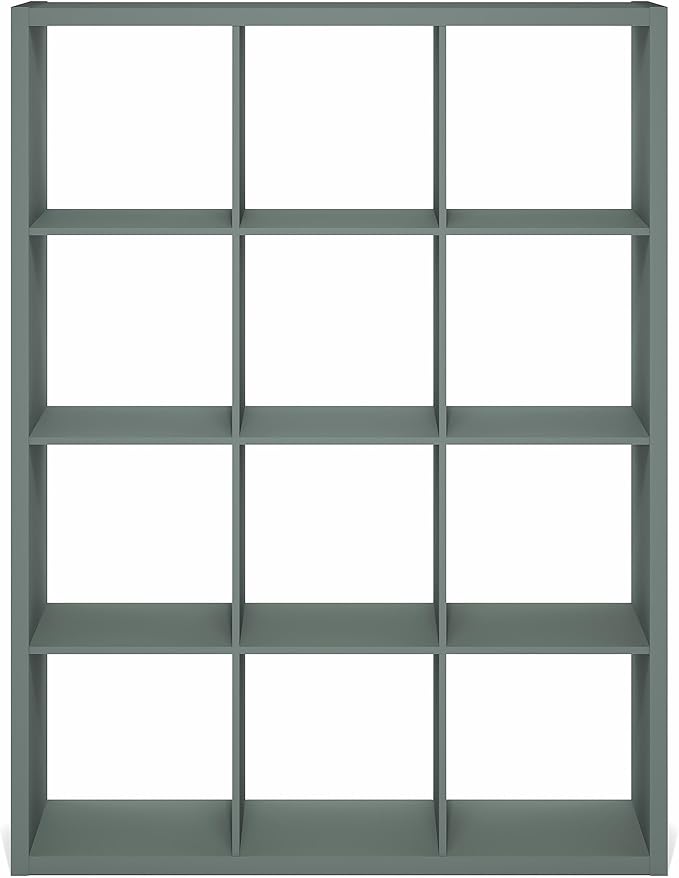Furinno Cubicle Book Shelf, 12-Cube Bookshelf, Extra Thick Frame Reversible Bookcase with Open Back, 14.6" x 44" x 58", for Living Room, Bedroom, Home Office, Sage Green
