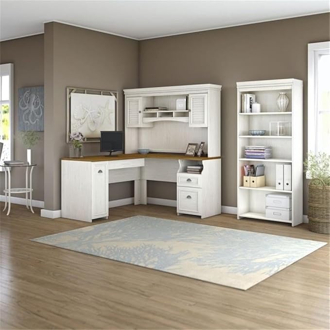 Pemberly Row 3 Piece Office Set, Antique White Finish, Includes L Shaped Desk with Hutch and 5 Shelf Bookcase, Laminate Over Engineered Wood, Space-Saving Corner Design, Adjustable Storage Shelves,