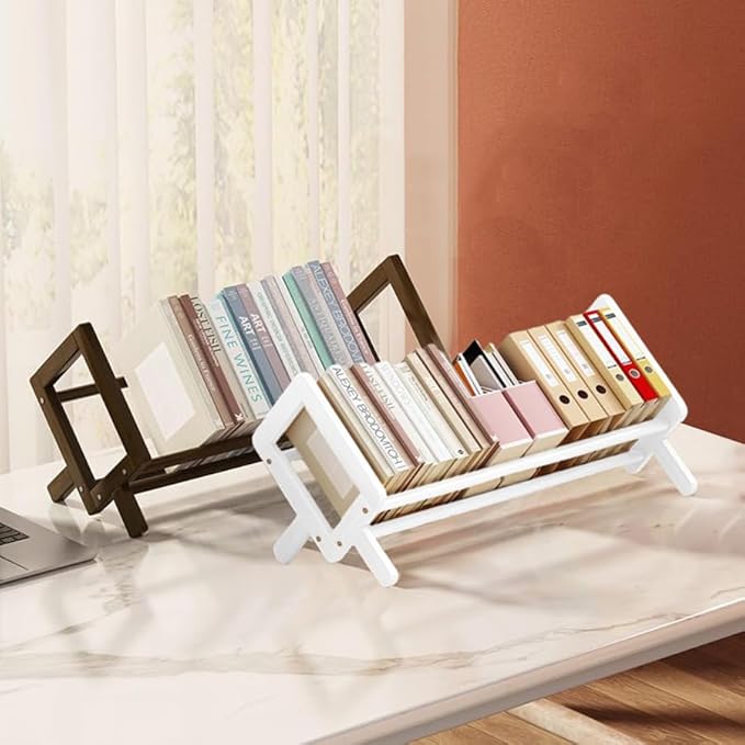 Wood Tilting Bookcase in Living Room/Home/Office, Desktop Book Shelf Organizer Bookshelves Storage Rack for CDs/Magazine/Books Display (White, 16"-L)