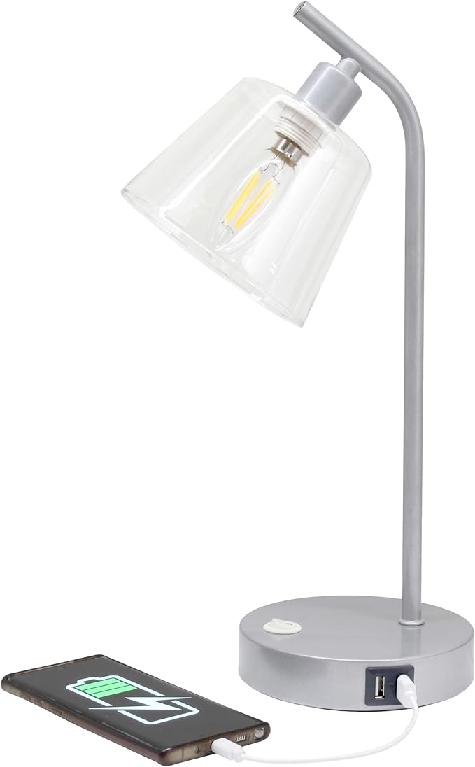Simple Designs LD1074-SLV 15.75" Sleek Essentials Modern Industrial Metal Desk Lamp with Clear Glass Shade and Dual USB Ports, for Office, Desk, Nightstand, Dorm, Silver