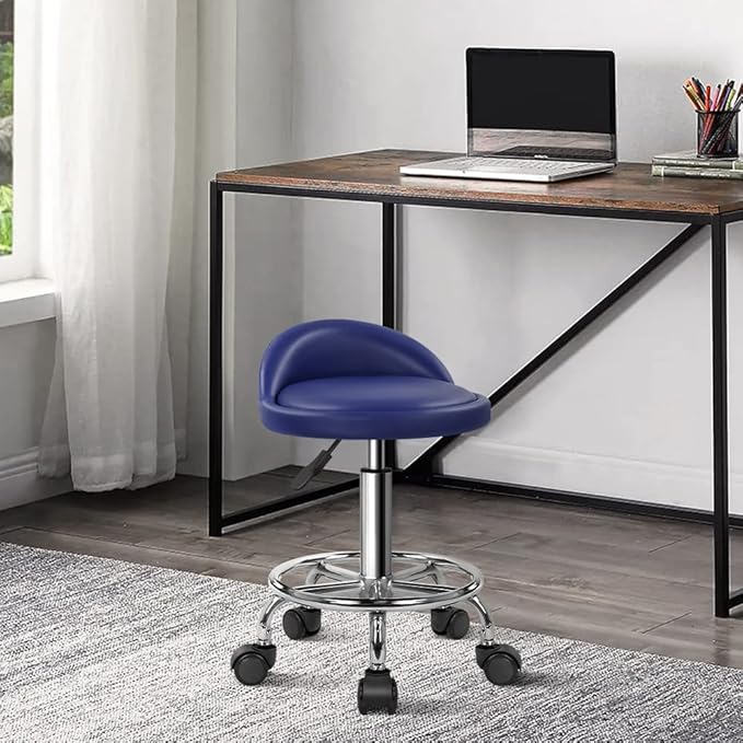 KKTONER PU Leather Round Rolling Stool with Foot Rest Height Adjustable Swivel Drafting Work SPA Task Chair with Wheels (Blue)