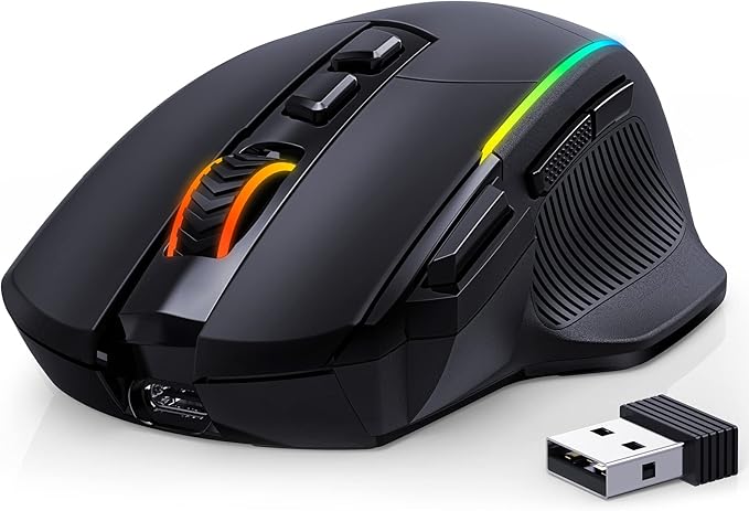 RisoPhy Wireless Gaming Mouse,Tri-Mode 2.4G/USB-C/Bluetoothy, Up to 10000DPI,Chroma RGB Backlit,Ergonomic with 8 Programmable Buttons,Rechargeable Computer Mouse for Laptop,PC,Mac