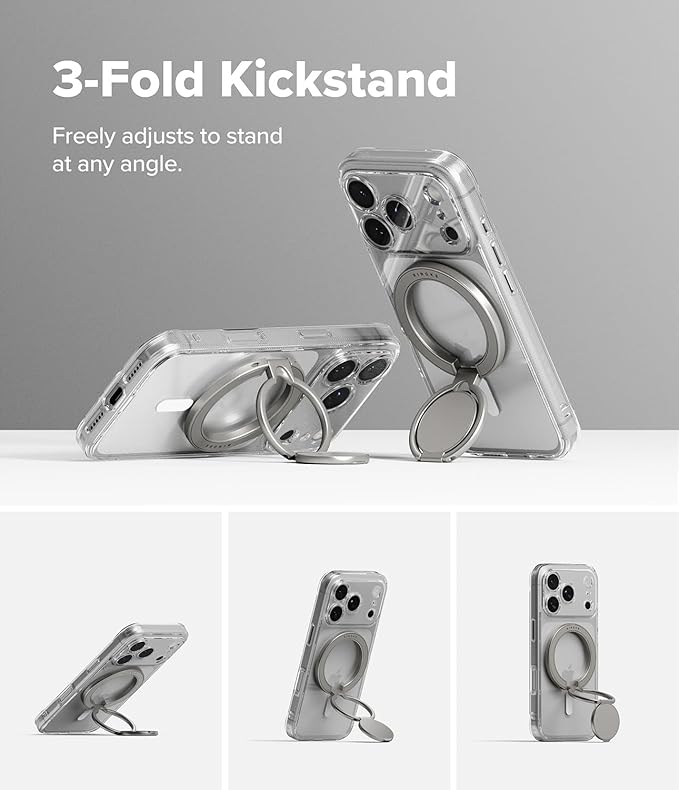Ringke Dual Magnetic Smart Holder [Compatible with MagSafe] Phone Grip, Dual-Sided Powerful Magnet, Multi-Angle Hinge 3-Tier Foldable Kickstand for Gym, iPhone, Galaxy, Pixel - Satin Silver