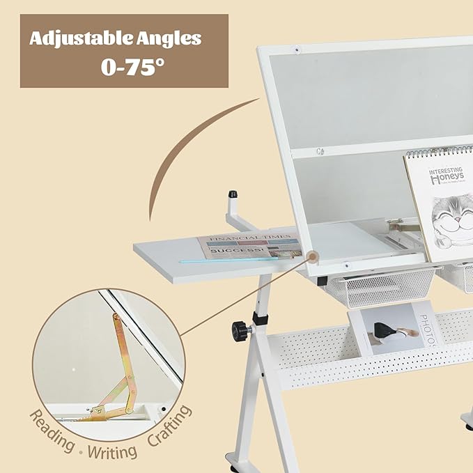 White Drafting Table Desk w/Stool, Painting Table Art Craft Desk Crafting Table with Tilting Tempered Glass Top, 2 Storage Drawers, Height Adjustable