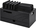 Homde Natural Bamboo Charging Station Rack for Multiple Devices Cable Cord Management Box Organizer Holder with 6 Slots Drawer for Chargers Phones Tablets Watches Electronics (Black)