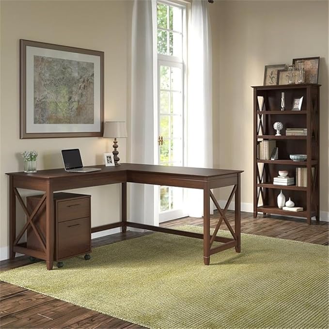 Bush Home Key West 60W L Shaped Desk with File Cabinets and 5 Shelf Bookcase in Bing Cherry