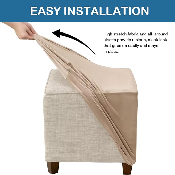 Ottoman Cover Square Velvet Ottoman Covers Protector for Footrest Foot Stool Furniture Stretch Comfortable with Elastic Bottom Medium Light Camel