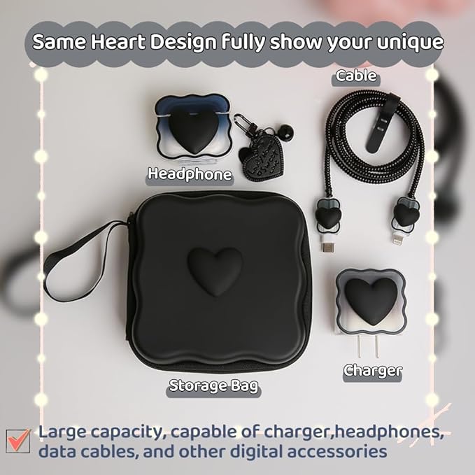 Charger Cover Storage Bag, Lovely 3D Love Heart Waves Design Charger Protector Travel Storage Case, Earphone Wire Saver Cable Cord Organizer Wireless Earphone Storage Box, Black Love