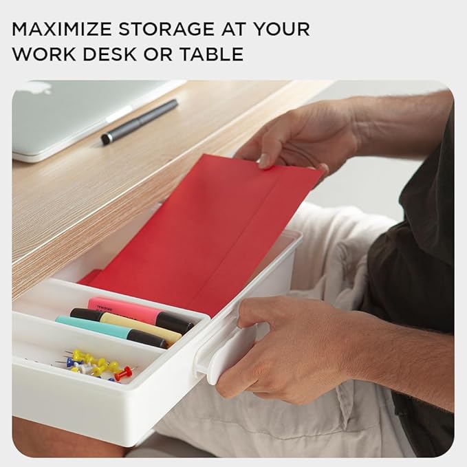 GAROOD Under Desk Drawer, Slide out Hidden Desk Drawers Organizer, Self-adhesive drawer for office/classroom/home 13.3'' x 10.02'' x 2.8’’ (White)