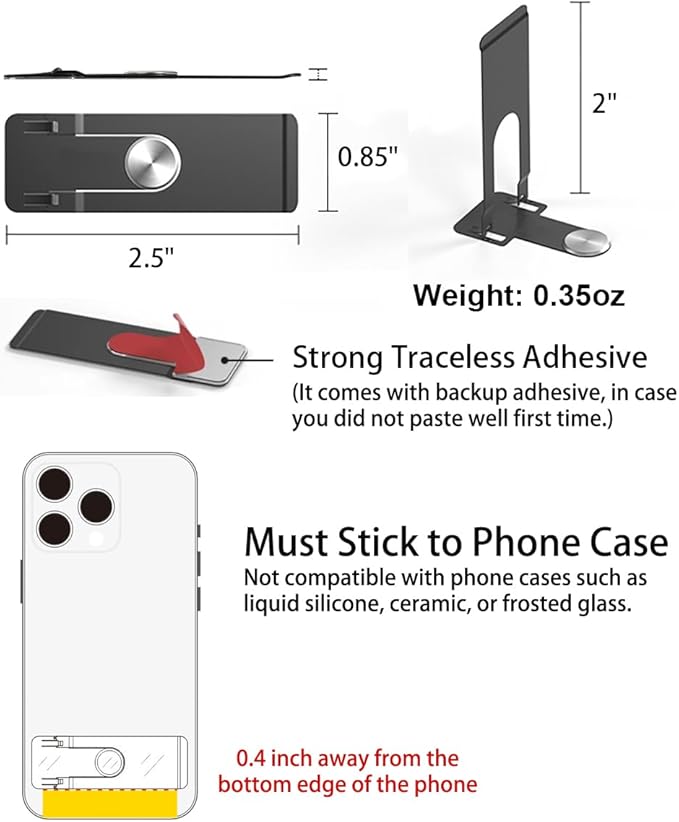 Phone Slim Stand Thin Kickstand, Ultra Thin Vertical Horizontal Universal Steel Metal Stable Mount Attachable Pocket Friendly Phone Holder for iPhone Samsung Phone Case (Black 1-Pack)