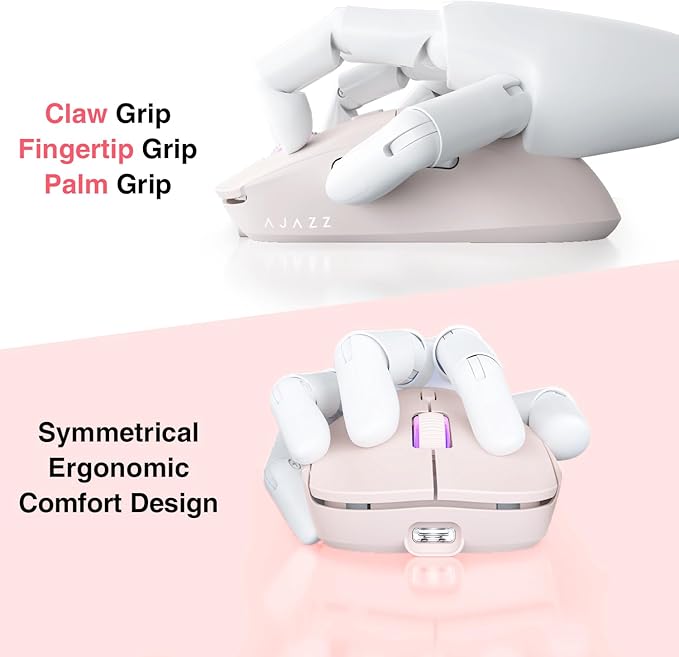 Ajazz Wireless Gaming Mouse,USB-C Rechargeable 59g Ultralight Computer Mouse,High Performance PAW3395,26000DPI,6 Macro Buttons, 40Hrs Power Life,2.4Ghz 1ms,Detachable Magnetic Rear Panel,2in1,Pink