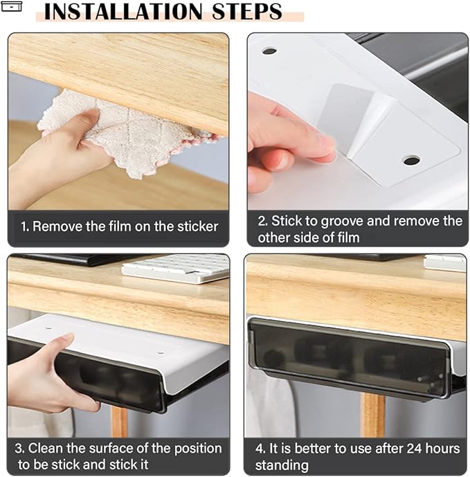 Self-adhesive Under Desk Drawer, 2 Packs Table Hidden Organizer Slide Out Large Storage Desktop Pencil Tray for Office Home School Kitchen (Large, White)