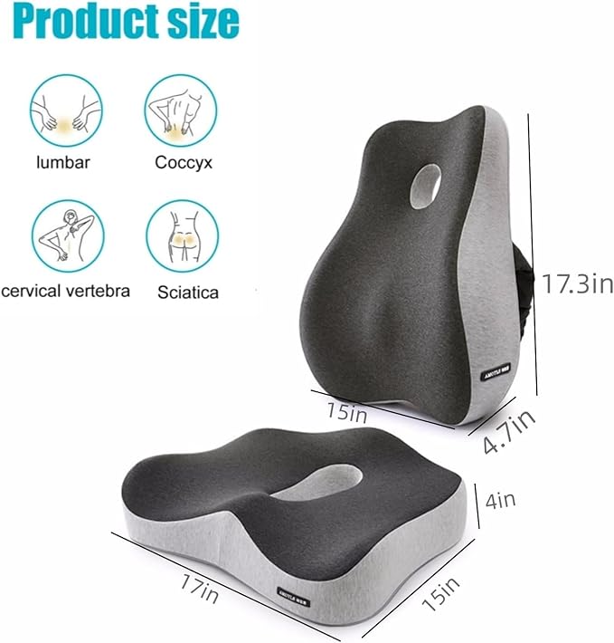 Seat Cushion and Lumbar Support Pillow for Office Chair, High-Elastic Memory Foam Car Chair Cushions, 4.7" Extra Thick Back Support for Long Sitting, Breathable Washable Cover（color blocking）