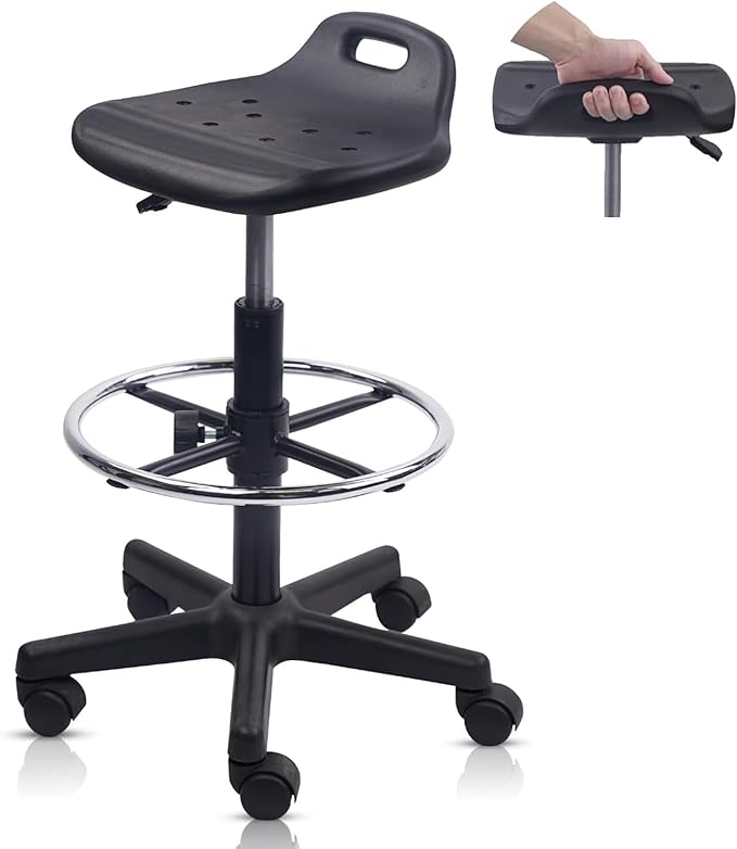 KLASIKA Drafting Rolling Stool Adjustable Height with Foot Rest Breathable Seat Cushion Swivel Stools with Wheels, Multi-Purpose Work Stool for Shop, Task, Salon, Black, 1 Pack