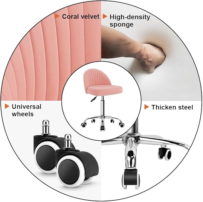 KKTONER Rolling Stool Swivel Office Chair Velvet Vanity Chairs Height Adjustable stools with Back for Bedroom Home Makeup Cosmetic Drafting(Pink)