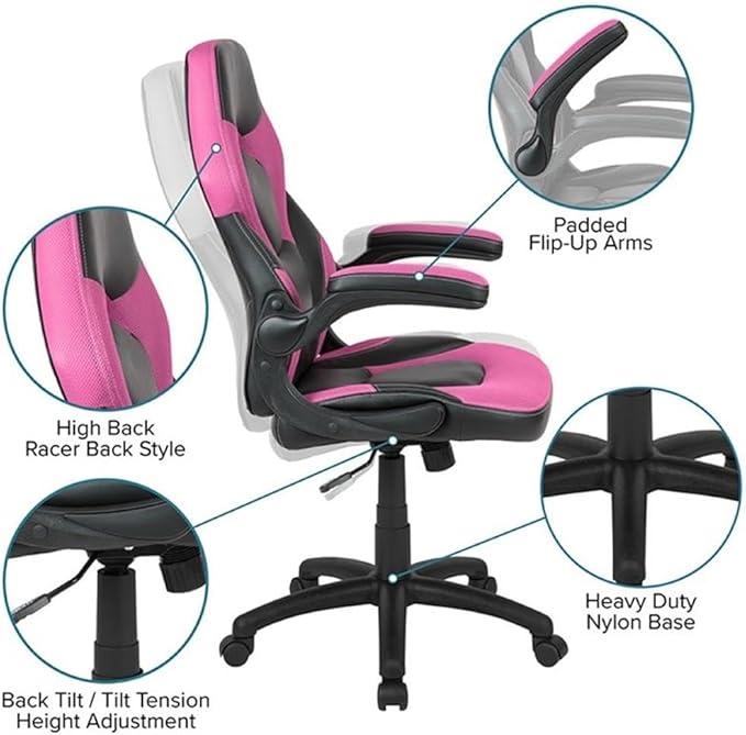 BOWERY HILL Gaming Desk and Racing Swivel Chair Set, 51.5" Desk, Black Laminate and Pink LeatherSoft Finish, Ergonomic High Back Chair with Flip-Up Arms, Contemporary Design for Gamers
