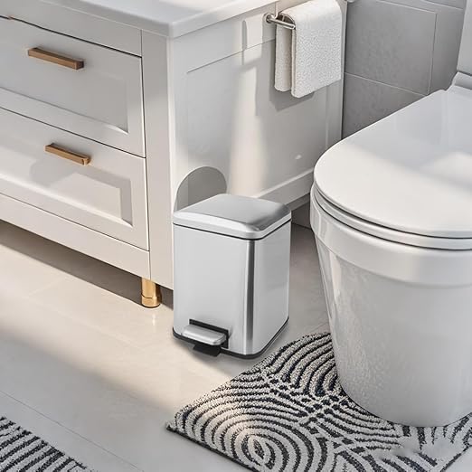 Small Bathroom Trash Can with Lid Soft Close, Step Pedal, 6 Liter / 1.6 Gallon Stainless Steel Garbage Can with Removable Inner Bucket, Anti-Fingerprint Finish, Brushed Sand