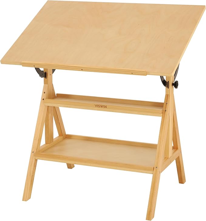 VISWIN Wood Drafting Table for Adults, Drawing Table with Adjustable Angle & 2-Tier Storage Racks for Art Studio, Solid Pine Wood Artist Desk for Drawing, Drafting, Writing, Reading, Sketching
