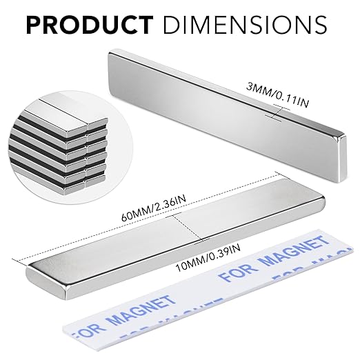 TRYMAG 25 Packs Heavy Duty Neodymium Magnet Bars 60x10x3mm, Strong Magnetic Strips Rare Earth with Double-Sided Adhesive, Powerful Metal Rectangular Magnets for Door, Craft, Fridge, Office
