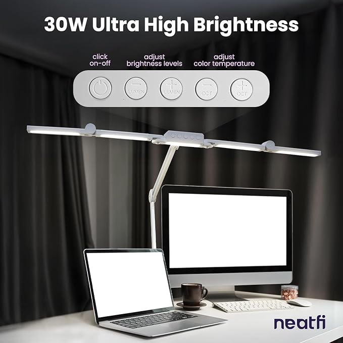 Neatfi 3,000 Lumens LED Desk Lamp, Dimmable, 360 SMD LEDs, 30W, CRI 95, Adjustable Light Modes, Task Lamp for Home Office, Study, Workstation (White, 44-Inch, CCT with Clamp)