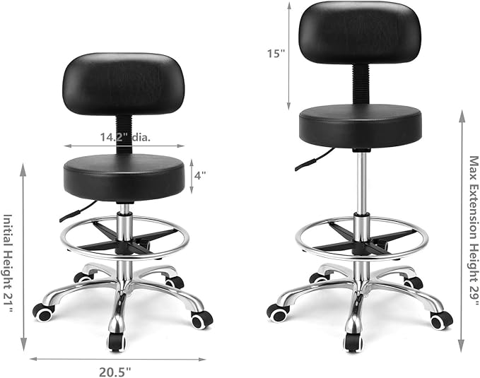Kaleurrier Rolling Swivel Adjustable Heavy Duty Drafting Stool Chair for Salon Medical Kitchen Lab Clinic Dental Office and Home uses,with Wheels and Back Support (Black with Footrest)