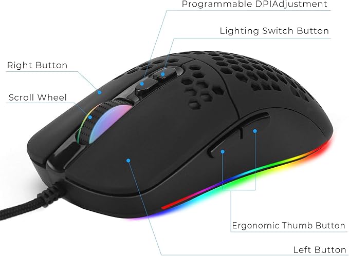HXMJ Wired USB C Gaming Mice,Lightweight Honeycomb,7200DPI,Corded Mouse with RGB Backlit for Apple MacBook,Tablets,Computer or Laptops with Type C Port