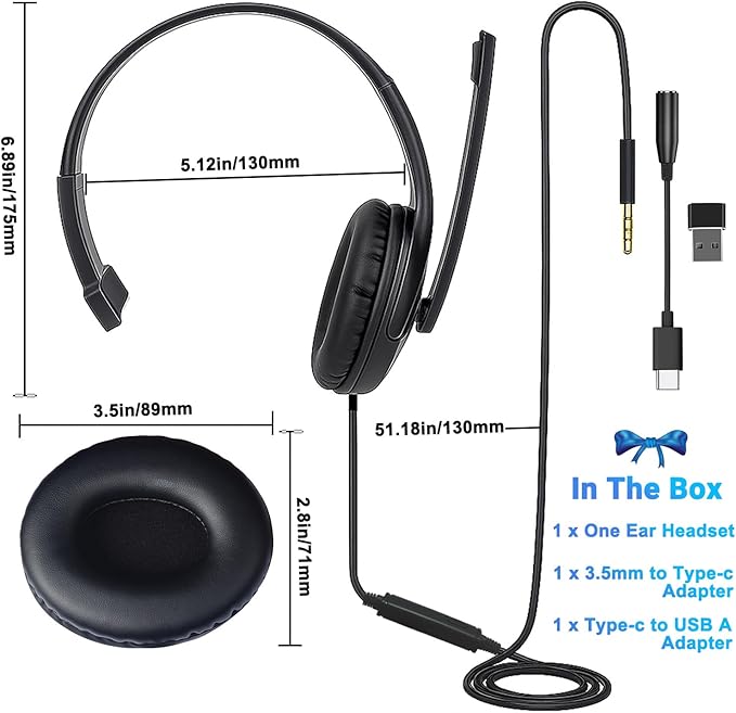 One Ear Gaming Headset with Mic (3.5mm) - Lightweight Single Ear Headset for PS5, PS4, Xbox, Switch, PC, Mac, iPad, Tablet - Includes USB-C & USB-A Adapters for Gaming, Remote Work & Business Calls