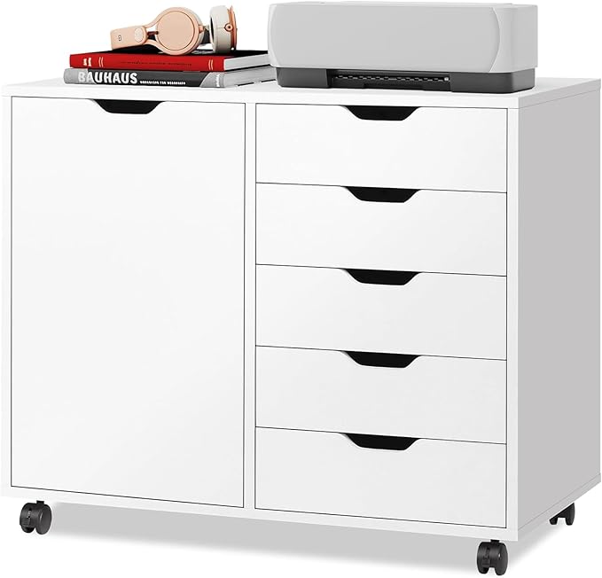 DEVAISE 5-Drawer Wood Drawer Cabinet, Office Storage Cabinet with Adjustable Shelf & Wheels, Printer Stand for Home Office, White