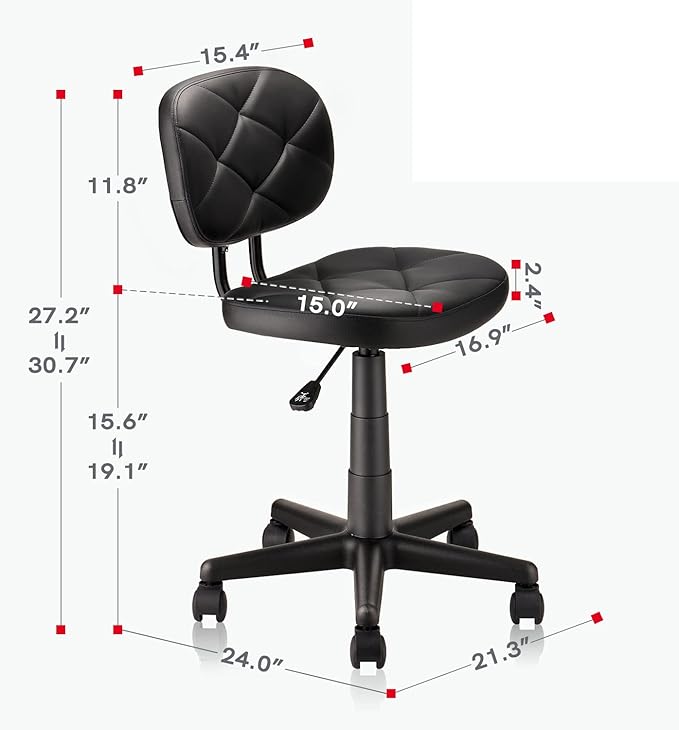 KLASIKA PU Leather Rolling Stool with Back and Wheels, Adjustable Diamond Upholstered Drafting Stool, Multi-Purpose Desk Chair for Home Office Bar Kitchen Shop, Black (1PK)