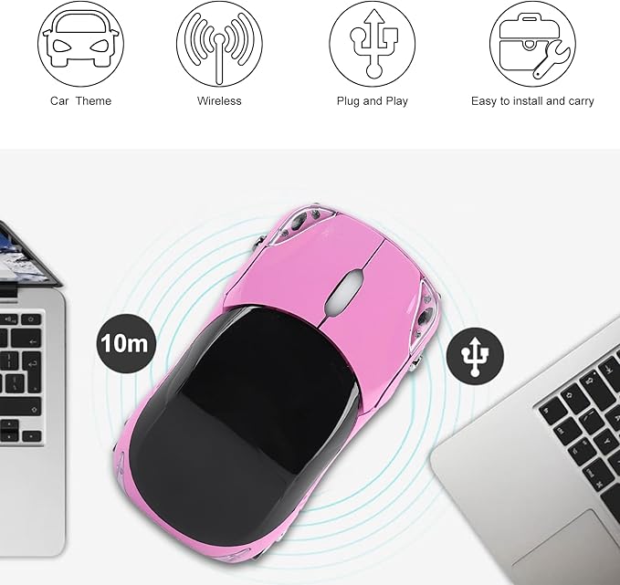 ASHATA 2.4G Car Mouse with USB Reciver 1600DPI Optical Mouse for PC Computer Laptop Tablet, High Cute Mouse for XP//Win7/ME/2000/for OS (Pink)