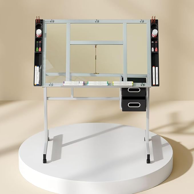 OS MOTOR Adjustable Drafting Table with Glass Top, Art Craft Desk with Slide-Out Drawers, Rolling Wheels, Storage, for Drawing, Writing, Painting, and Creative Tasks, Ideal for Home Office