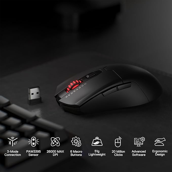 Redragon M995 Pro Wireless Gaming Mouse, 26000 DPI Ergonomic Mouse, BT & 2.4G, 6 Macro Buttons, 51G Ultra Lightweight, Reliable Power Capacity for PC/Mac/Laptop, Black