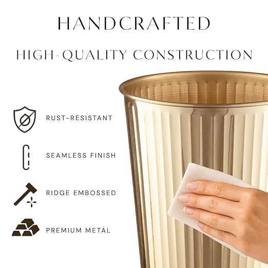 Monarch Abode Ridge Embossed Metal Desk Wastebasket – Brushed Gold