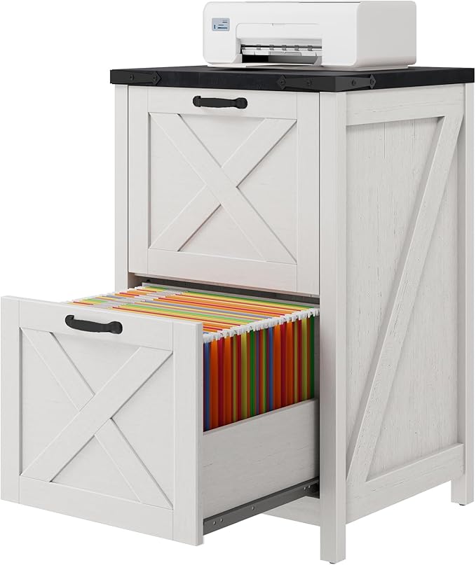 Vabches Vertical File Cabinet with 2 Drawers, Wooden Farmhouse Filing Cabinet for Letter/A4 Size Hanging Files, Under Desk Printer Stand with Storage for Home Office, White and Black