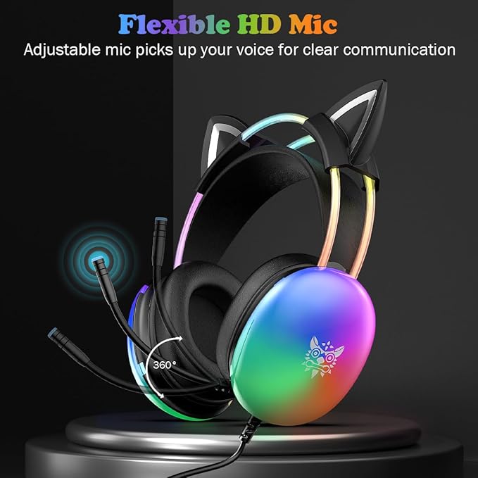 Cat Ear Gaming Headset with Microphone, RGB Rainbow Lighting, Surround Sound, 3.5mm Wired Over-Ear Headphones for PC/PS4/PS5/Switch/Laptop, Lightweight and Adjustable Headband
