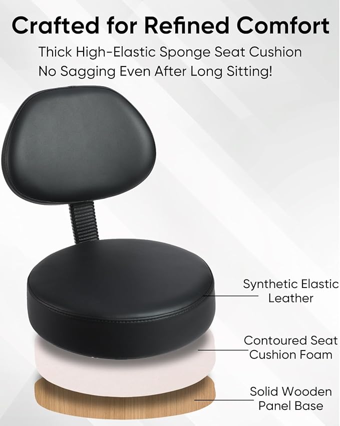 Rolling Stool with Wheels,360° Swivel Tattoo Chair,Adjustable Heavy Duty Office Stool for Guitar Tattoo Shop（Black）