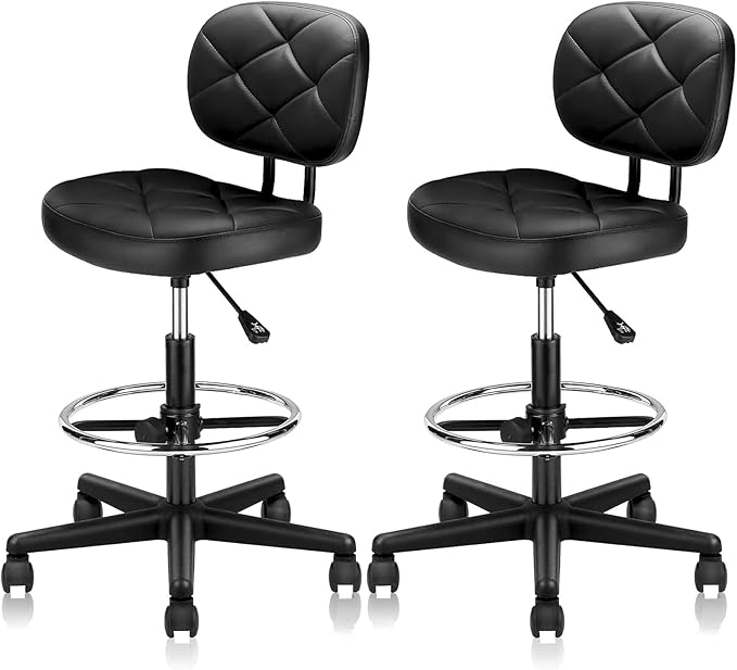 KLASIKA PU Leather Rolling Stools with Foot Rest and Back Support, Adjustable Diamond Upholstered Drafting Chair with Wheels, Multi-Purpose Desk Chair for Home Office Bar Kitchen Shop, Black (2PK)