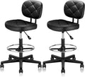 KLASIKA PU Leather Rolling Stools with Foot Rest and Back Support, Adjustable Diamond Upholstered Drafting Chair with Wheels, Multi-Purpose Desk Chair for Home Office Bar Kitchen Shop, Black (2PK)