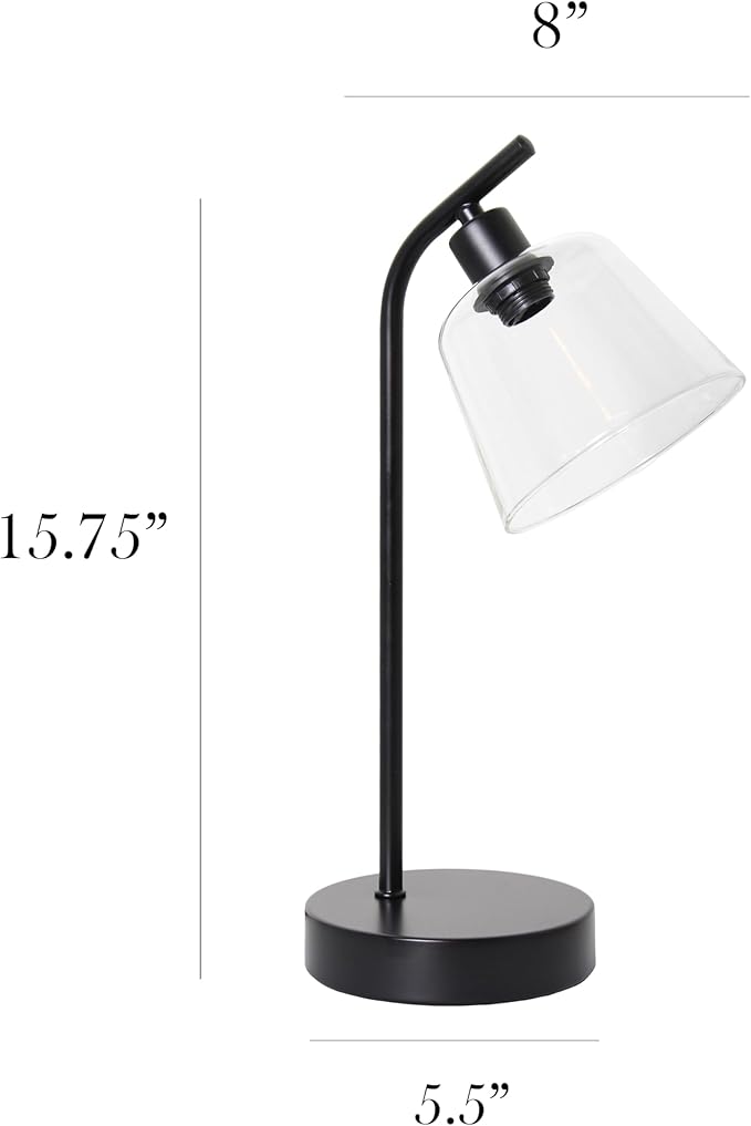 Simple Designs LD1080-BLK 16" Sleek Essentials Modern Industrial Metal Desk Lamp with Clear Glass Shade, for Office, Desk, Nightstand, Dorm Black