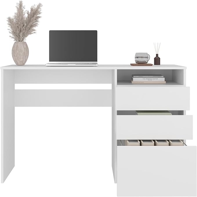 White 3-Drawer Writing Computer Desk Clean and contemporary computer desk design enhances modern workspaces while maintaining a neat and clutter-free environment Two deep drawers provide organized s