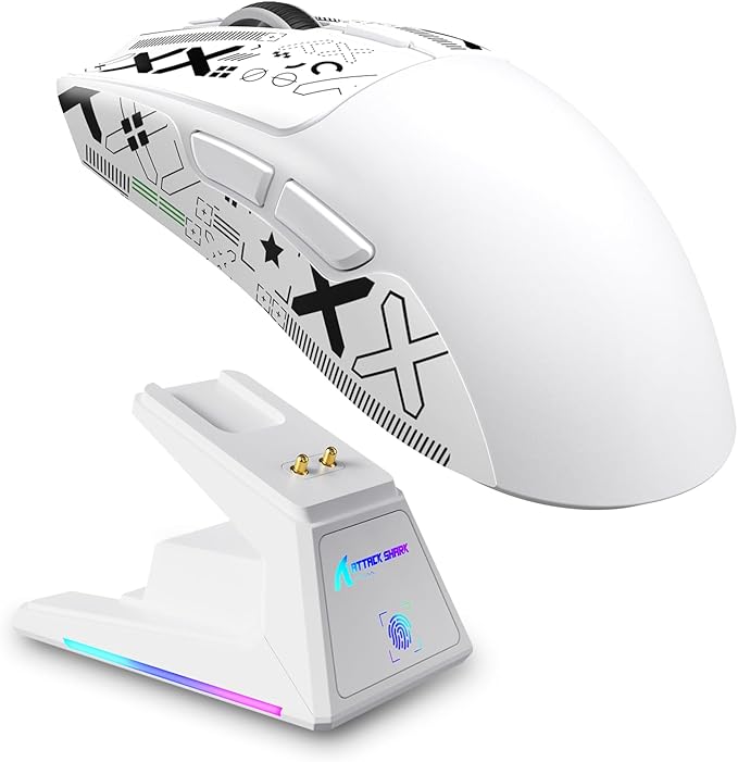 MAMBASNAKE ATTACK SHARK X1 Wireless Gaming Mouse with RGB Charging Dock,PAW3395 PRO Sensor 40K DPI,1KHz Polling Rate 53g Superlight Tri-Mode Computer Mice,5 Programmable Buttons for WIN/MAC-White&Tape