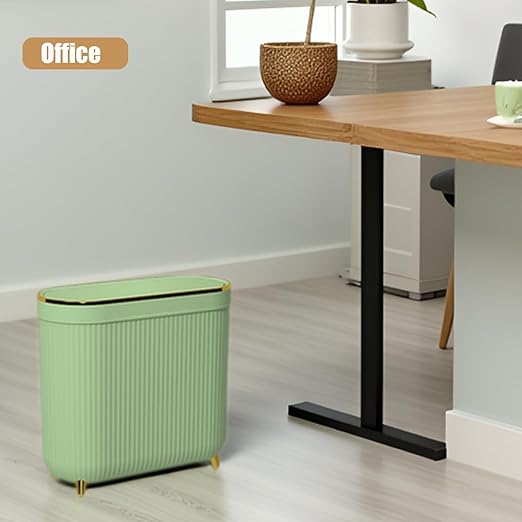 Yatmung Slim Bathroom Trash Can with Lid - Small Plastic Waste Paper Basket - Press-Top Trash Bin for Bedroom, Home Office, Narrow Space - 3.2 Gallon Decorative Garbage Can - Mint Green with Gold Legs