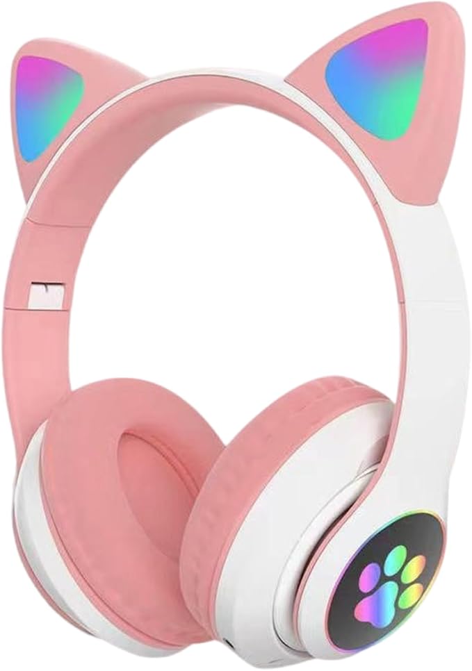 Cat Ear Bluetooth Headphones for Kids & Adults, Wireless Foldable & Wired Multi-Function LED Light Up Over Ear Headphones with Mic and Volume Control for iPhone/iPad/Laptop/PC (White 2)