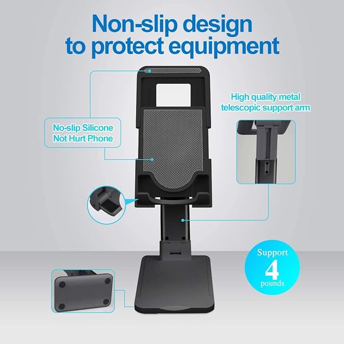 Cell Phone Tablet Stand Mount Fully Foldable Dock Holder Cradle Charger Station Desk Room Office School Kitchen Travel Portable Adjustable Multi-Angle Non-Slip Durable Stable (Black)