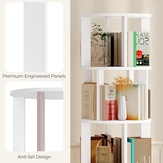 MAHANCRIS 5-Tier Rotating Bookshelf, 360° Spinning Bookshelf Tower, Floor Standing Round Revolving Bookcase, Display Rack for Books, CDs, for Living Room, Study, Bedroom, White BKWT6501