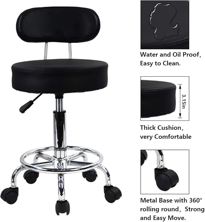 KKTONER PU Leather Rolling Stool Mid-Back with Footrest Height Adjustable Office Computer Home Drafting Swivel Task Chair with Wheels (Black)