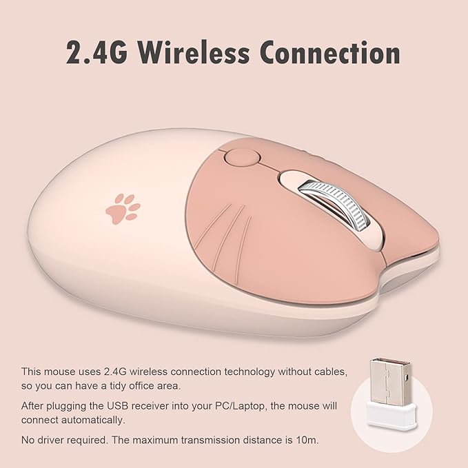 Lomiluskr Cute Cat Wireless Mouse, Lightweight Soundless Mice, 2.4G Wireless Mice, Candy Colors, Kawaii Mouse for Girls and Kids (Milk Tea)