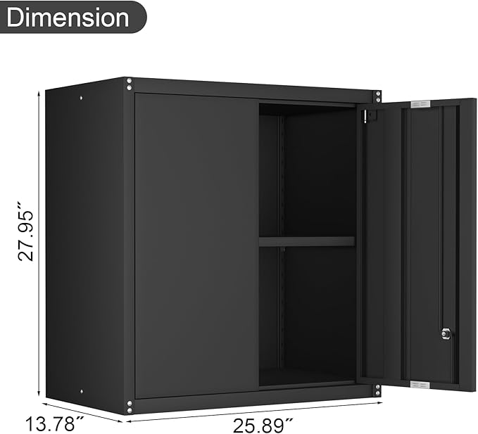 IRONFFICE Metal Storage Cabinet,Garage Wall Cabinets with Locking Doors,Black Metal Cabinet with Adjustable Shelf for Home Office,Utility Room