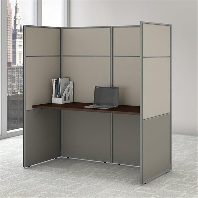 Scranton & Co 60W Cubicle Desk with 66H Closed Panels, Thermally Fused Laminate, Light Gray and Storm Gray Fabric, Mocha Cherry Finish, Adjustable Metal Legs, Private Office Workstation